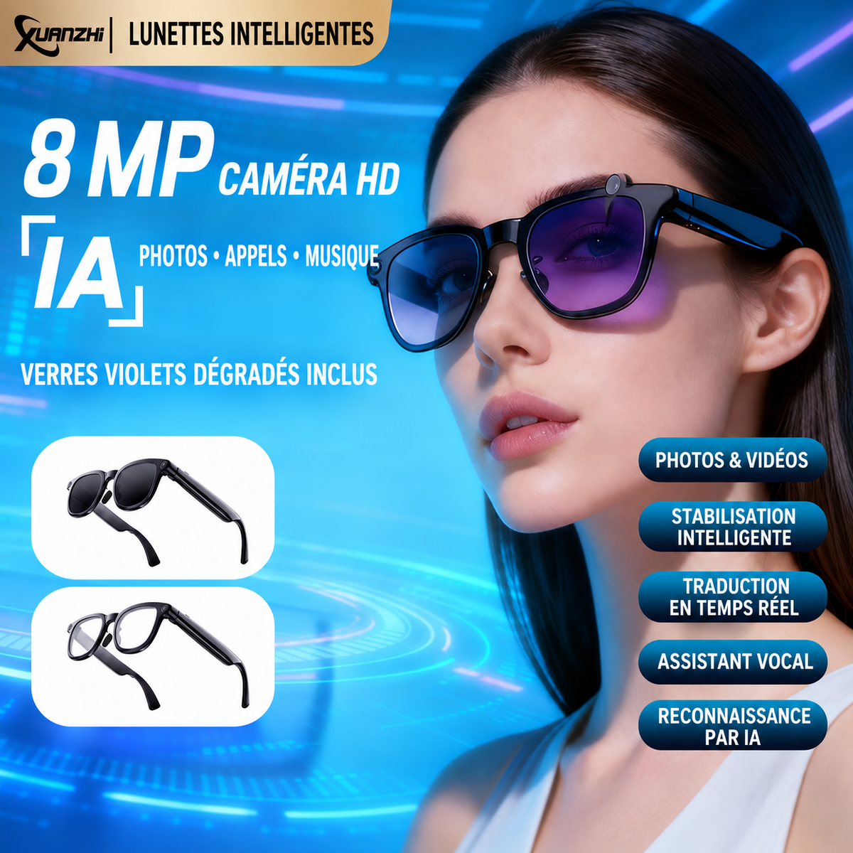 Lunettes connectées AI VISION portées, caméra et assistant IA intégrés